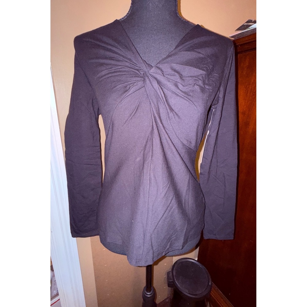Time and Tru Twist Front Top Womens M Black NEW Long Sleeve V-Neck Jersey Cotton